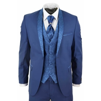 Mens 4 Piece Shawl Lapel Suit - Blue