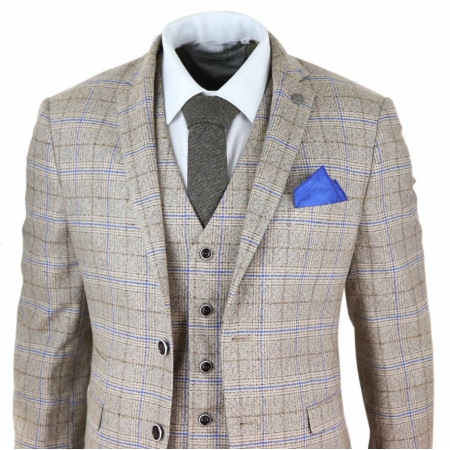Mens Beige 3 Piece Tweed Check Suit: Buy Online - Happy Gentleman