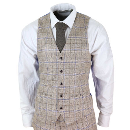 Mens Beige 3 Piece Tweed Check Suit: Buy Online - Happy Gentleman