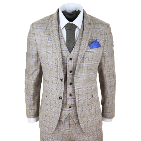 Mens Beige 3 Piece Tweed Check Suit: Buy Online - Happy Gentleman