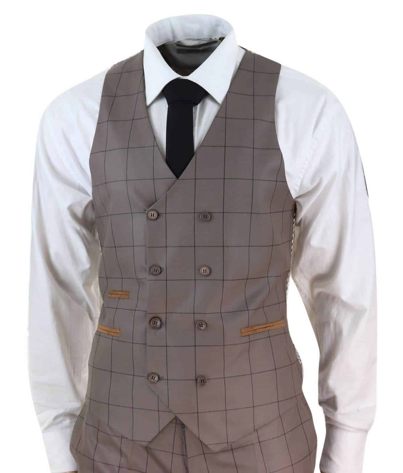 Mens Beige Check 3 Piece Suit with Double Breasted Waistcoat | Happy ...