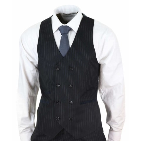 black pinstriped suit