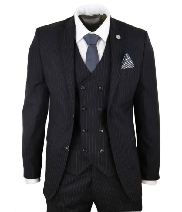 Mens  Black 3 Piece Pinstripe Suit