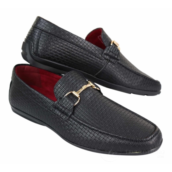 Mens Black Weave PU Leather Loafers