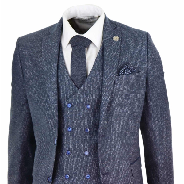 Mens Blue 3 Piece Suit with Double Breasted Waistcoat