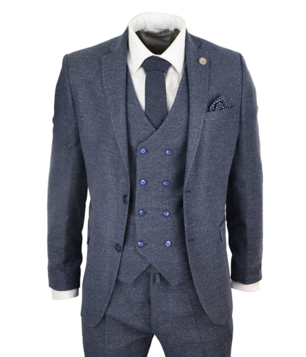 Mens Blue 3 Piece Suit with Double Breasted Waistcoat