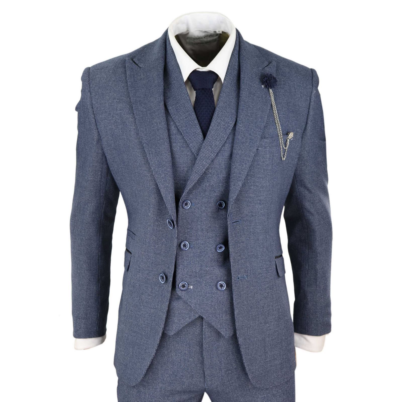 Mens Blue 3 Piece Suit with Double Breasted Waistcoat | Happy Gentleman