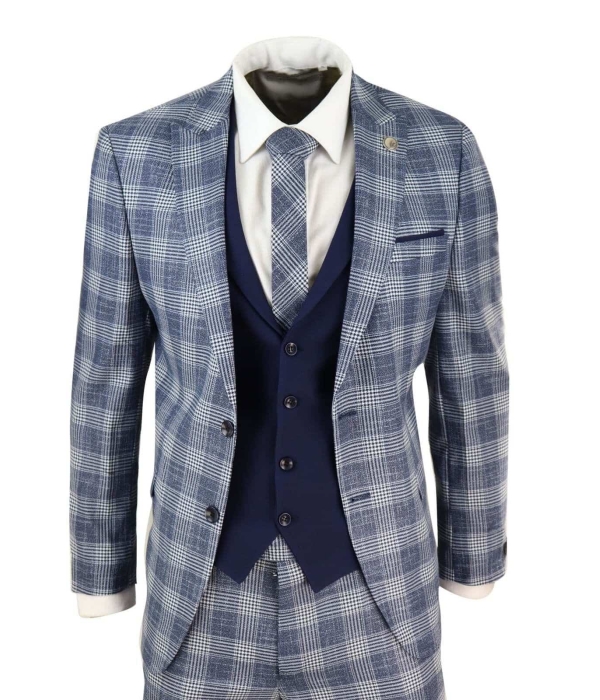 Mens Blue Check 3 Piece Suit