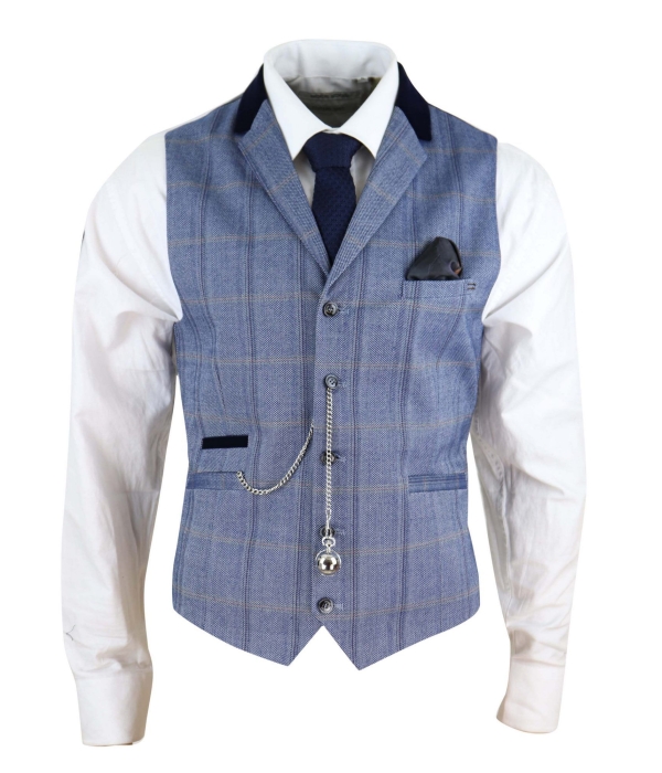 Mens Navy Check Waistcoat with Pocket Watch