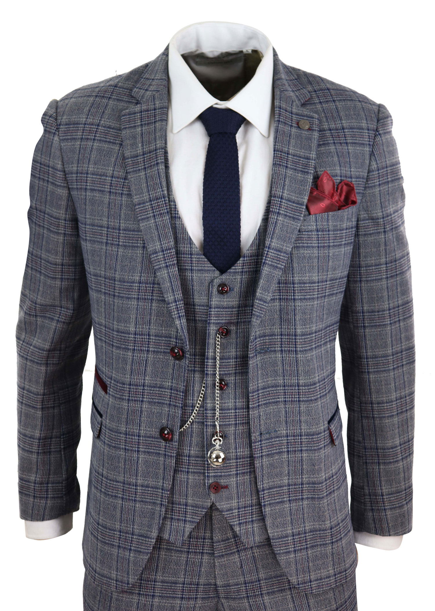 Mens Blue Grey Checkered 3 Piece Suit: Buy Online - Happy Gentleman