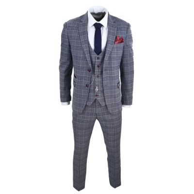 Mens Blue Grey Checkered 3 Piece Suit: Buy Online - Happy Gentleman