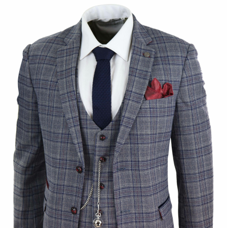 Mens Blue Grey Checkered 3 Piece Suit: Buy Online - Happy Gentleman