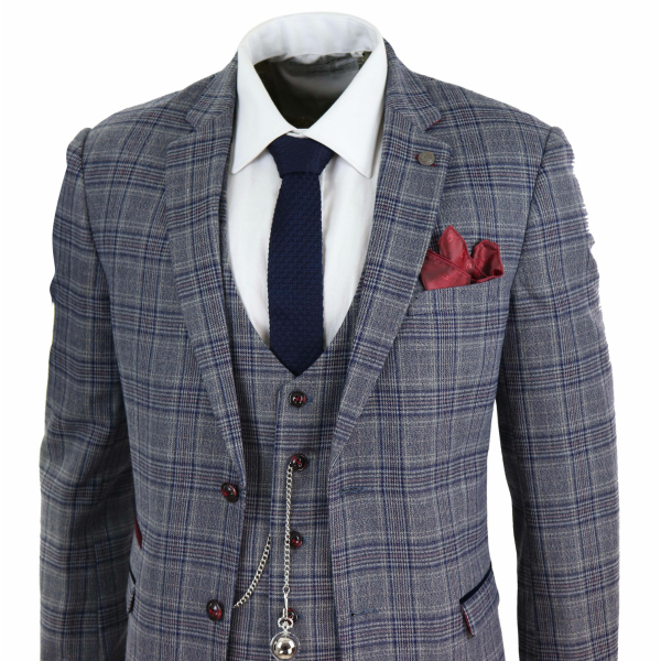 Mens Blue Grey Checkered 3 Piece Suit