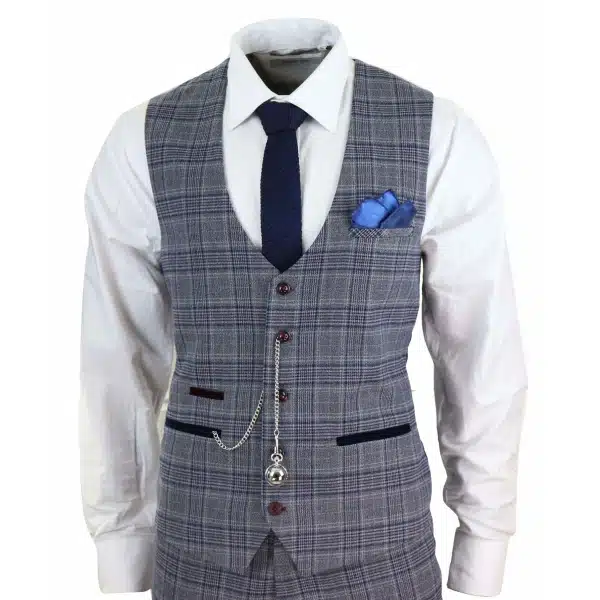 Mens Blue Grey Checkered 3 Piece Suit