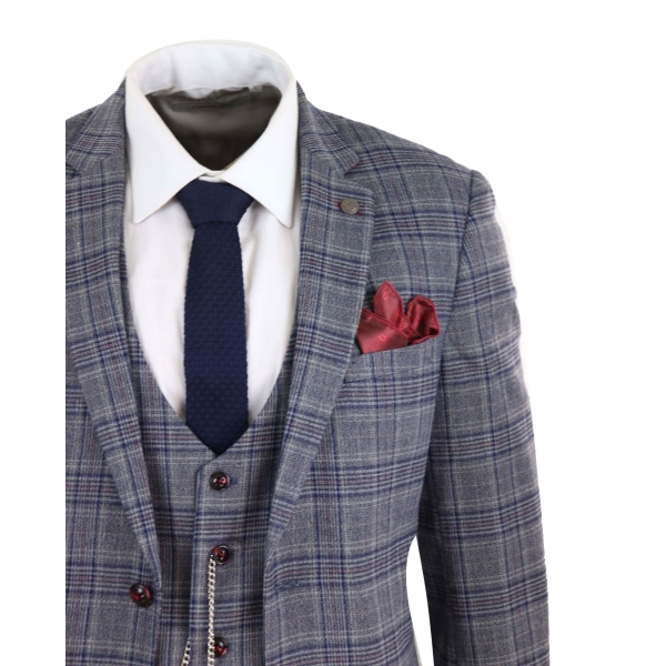 Mens Blue Grey Checkered 3 Piece Suit
