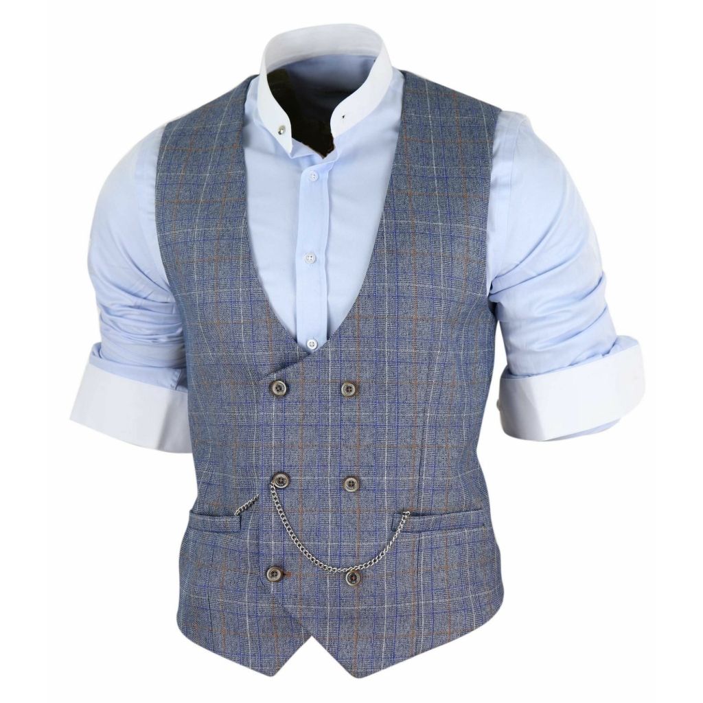 Mens Blue Grey Check Double Breasted Waistcoat with Pocket Watch ...