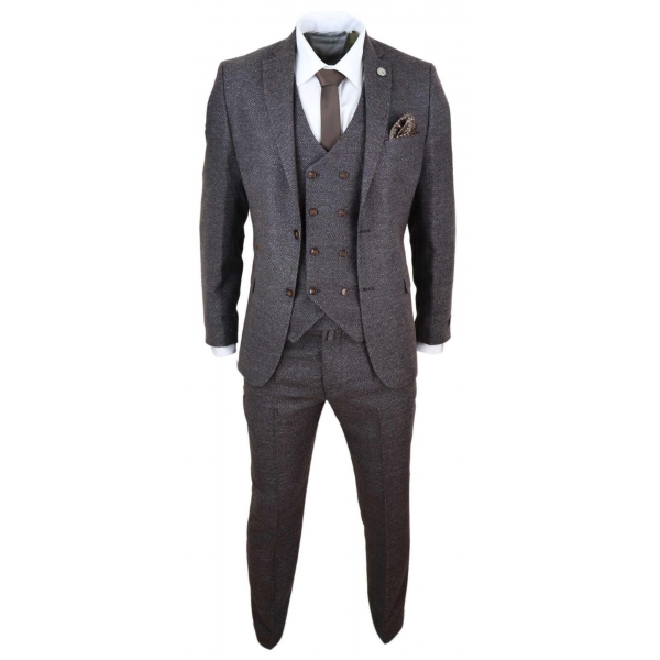 Mens Brown 3 Piece Suit with Double Breasted Waistcoat