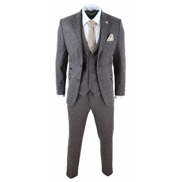 Mens Brown Check 3 Peice Tweed Suit - STZ17