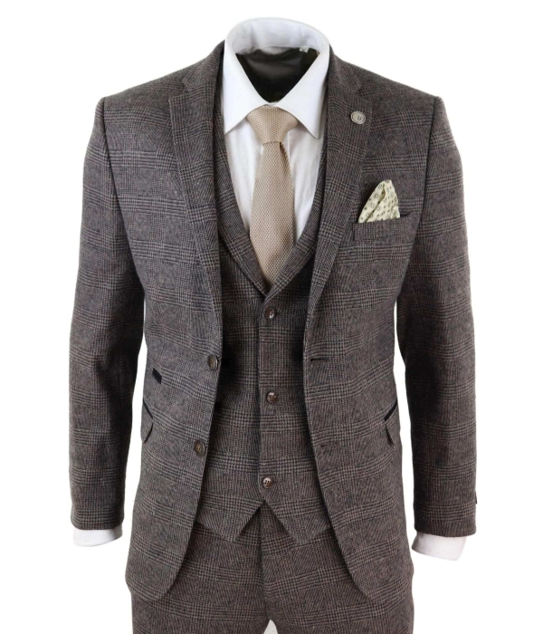 Mens Brown Check 3 Peice Tweed Suit - STZ17