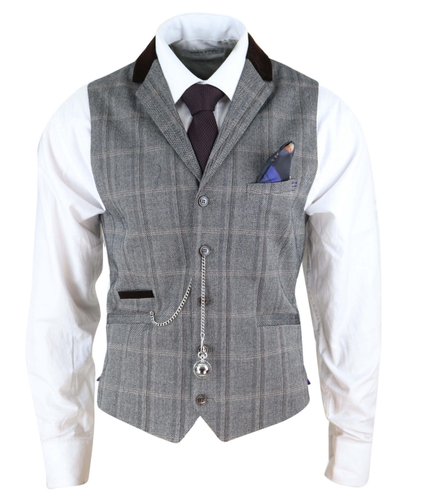 Mens Navy Check Waistcoat with Pocket Watch