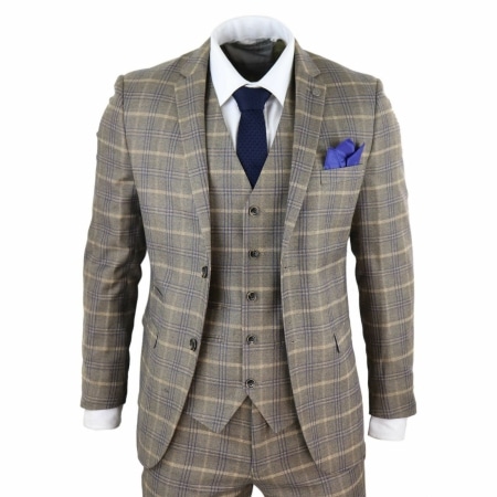 Mens Brown with Blue Check 3 Piece Suit - Paul Andrew Kenneth: Buy ...