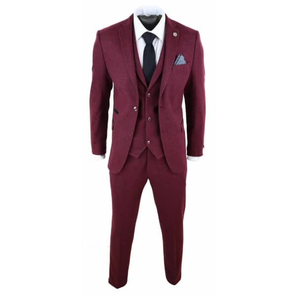 Mens Burgundy Wine Tweed 3 Piece Suit - STZ17