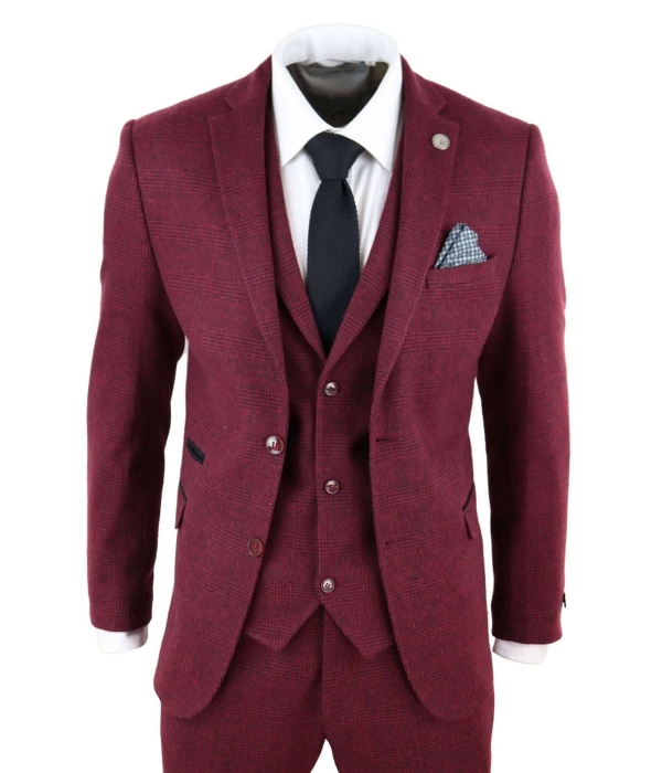 Mens Burgundy Wine Tweed 3 Piece Suit - STZ17: Buy Online - Happy Gentleman