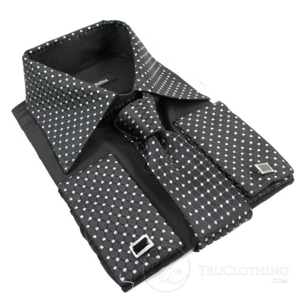 Mens Button Shirt Tie Cuff Link & Hankie Black Silver Shiny Trim Design