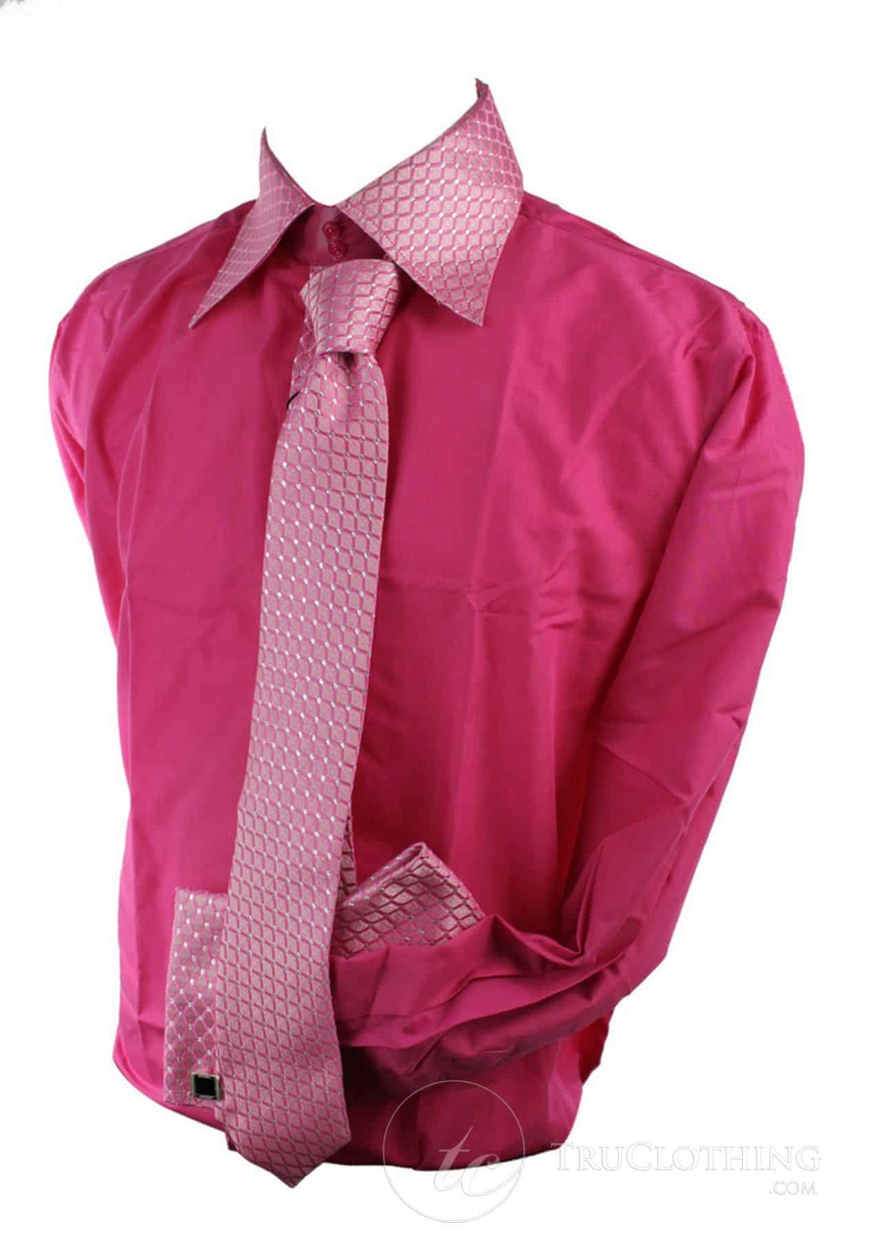 Mens Button Shirt Tie Cuff Link & Hankie Fuschia Pink Silver Shiny Trim Design 
