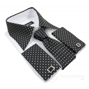 Mens Button Shirt Tie Cuff Link & Hankie Black Silver Shiny Trim Design