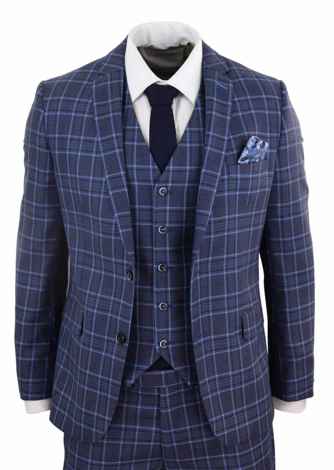 Mens Dark Blue Check 3 Piece Suit | Happy Gentleman