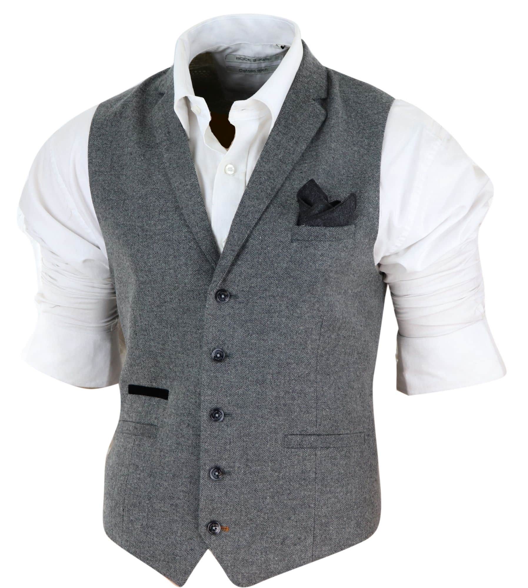 Mens Dark Grey Herringbone Tweed Waistcoat: Buy Online - Happy Gentleman