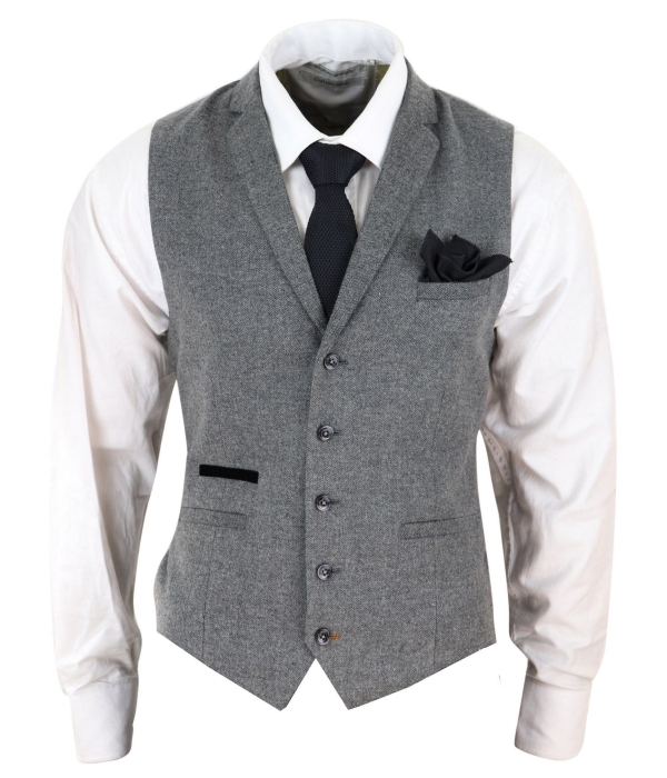 Mens Dark Grey Herringbone Tweed Waistcoat