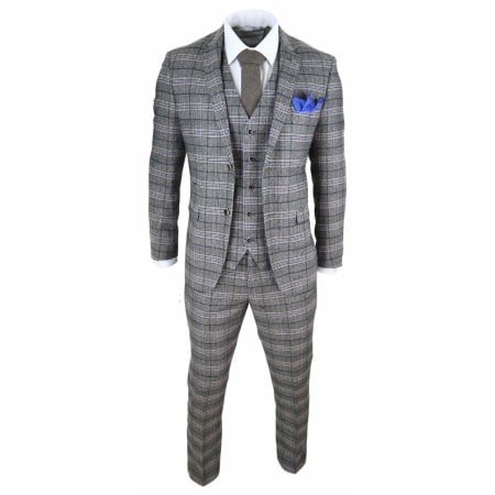 Mens Grey 3 Piece Tweed Check Suit: Buy Online - Happy Gentleman