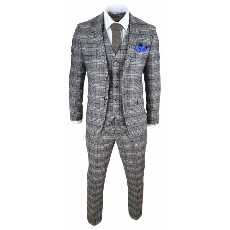 Mens Grey 3 Piece Tweed Check Suit: Buy Online - Happy Gentleman