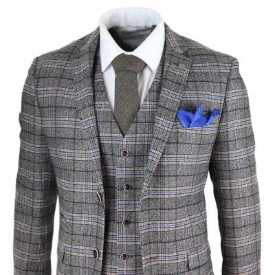 Mens Grey 3 Piece Tweed Check Suit: Buy Online - Happy Gentleman