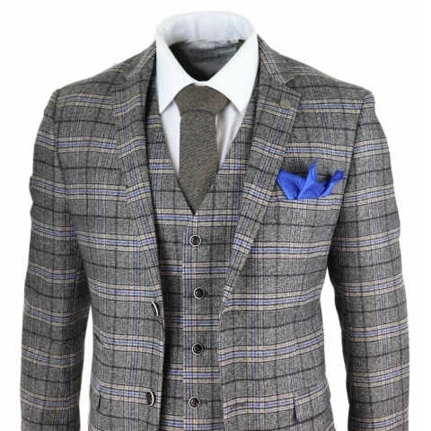 Mens Grey 3 Piece Tweed Check Suit: Buy Online - Happy Gentleman