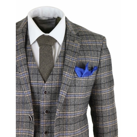 Mens Grey 3 Piece Tweed Check Suit: Buy Online - Happy Gentleman