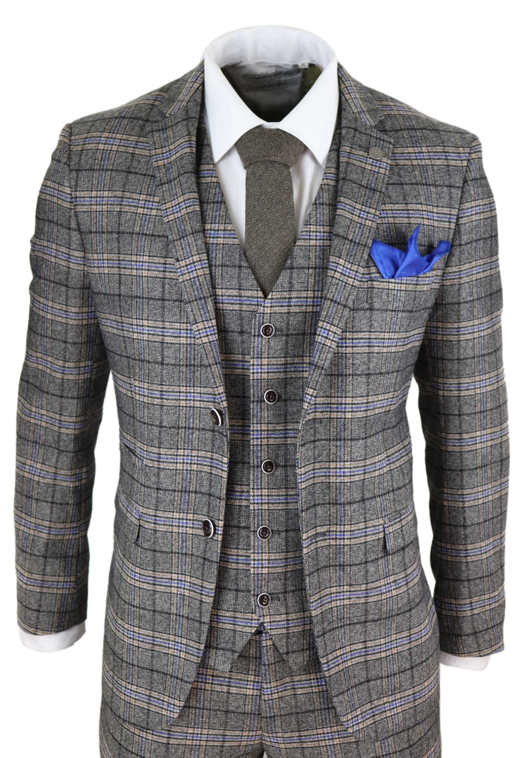 Mens Grey 3 Piece Tweed Check Suit: Buy Online - Happy Gentleman