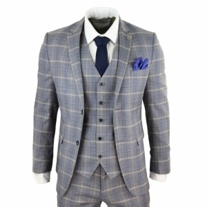 Mens Grey-Blue Check 3 Piece Suit – Paul Andrew Kenneth