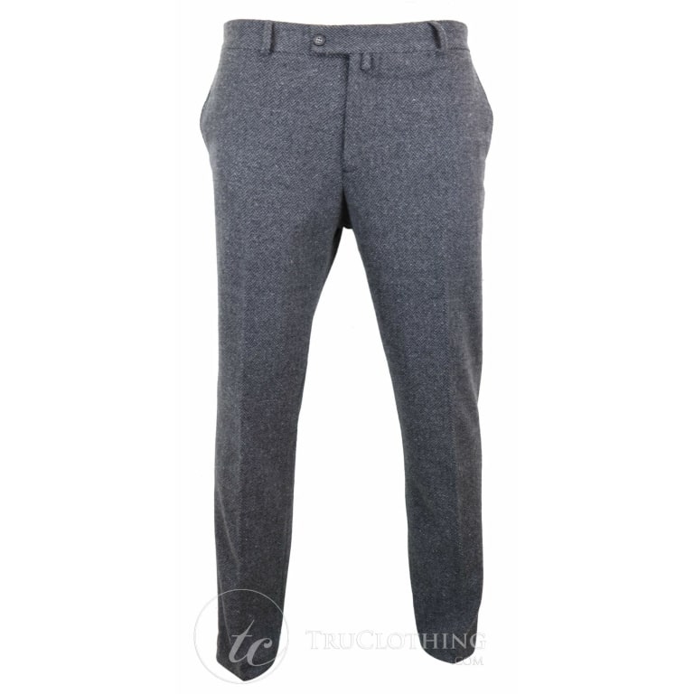 Mens Grey Charcoal Tweed Herringbone Wool Trousers - Charcoal: Buy ...