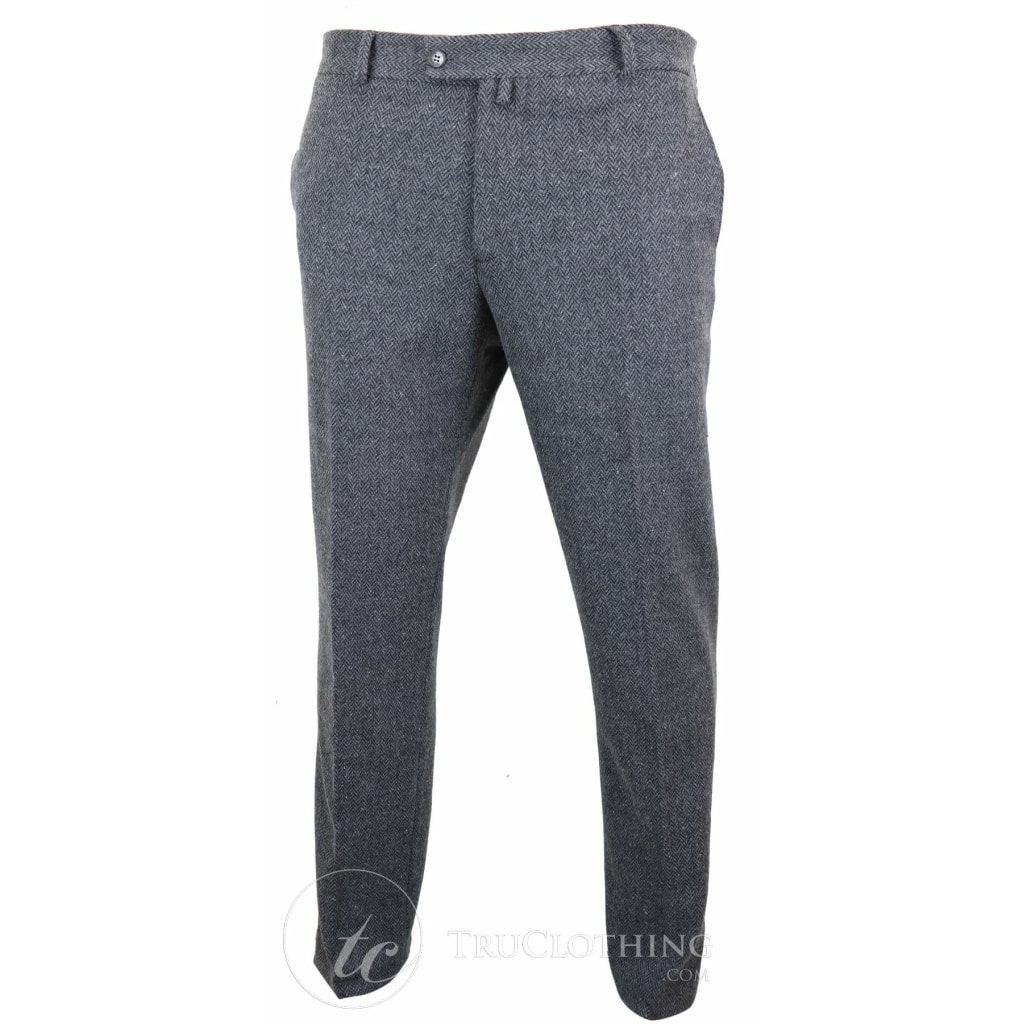 Mens Grey Charcoal Tweed Herringbone Wool Trousers - Charcoal: Buy ...