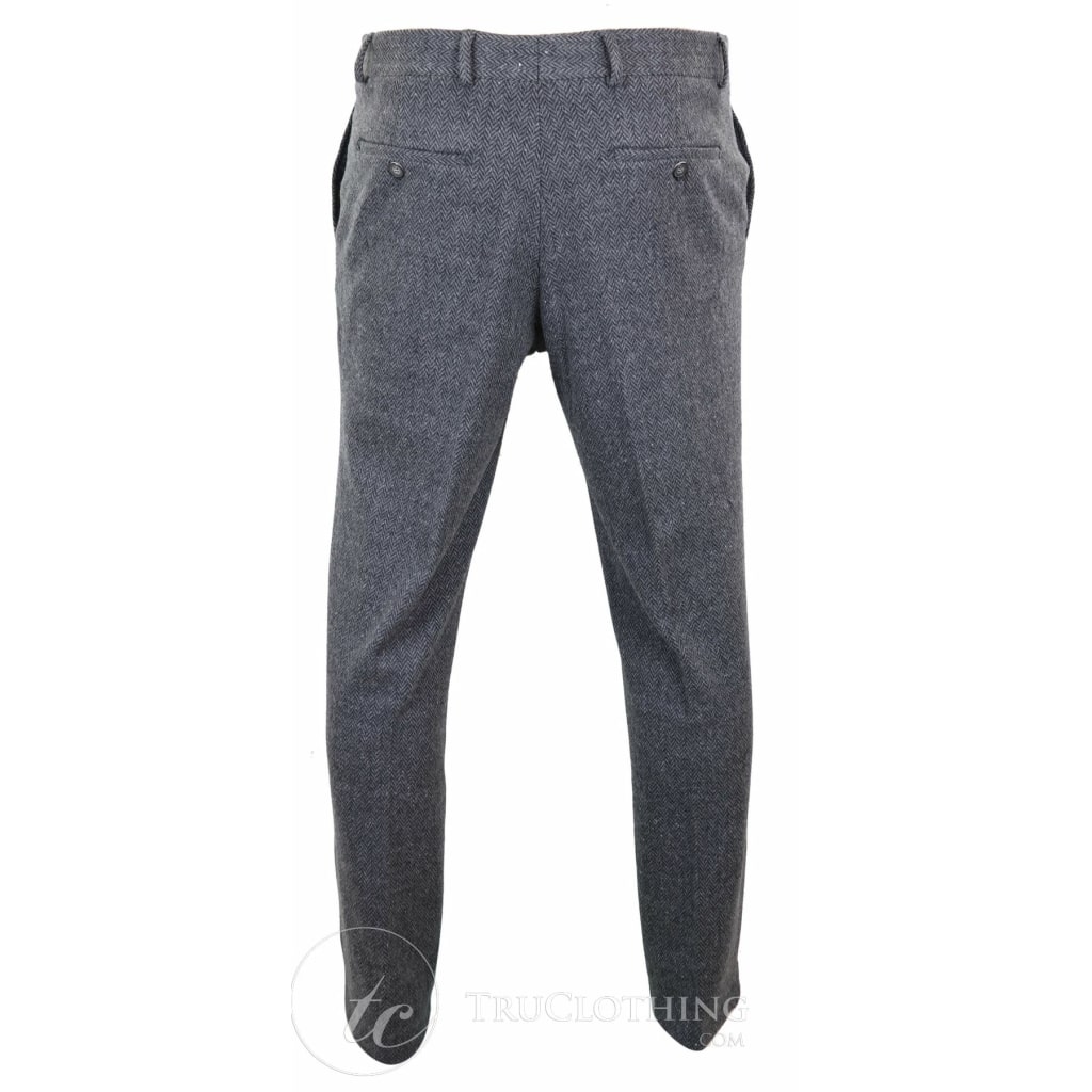 Mens Grey Charcoal Tweed Herringbone Wool Trousers - Charcoal: Buy ...