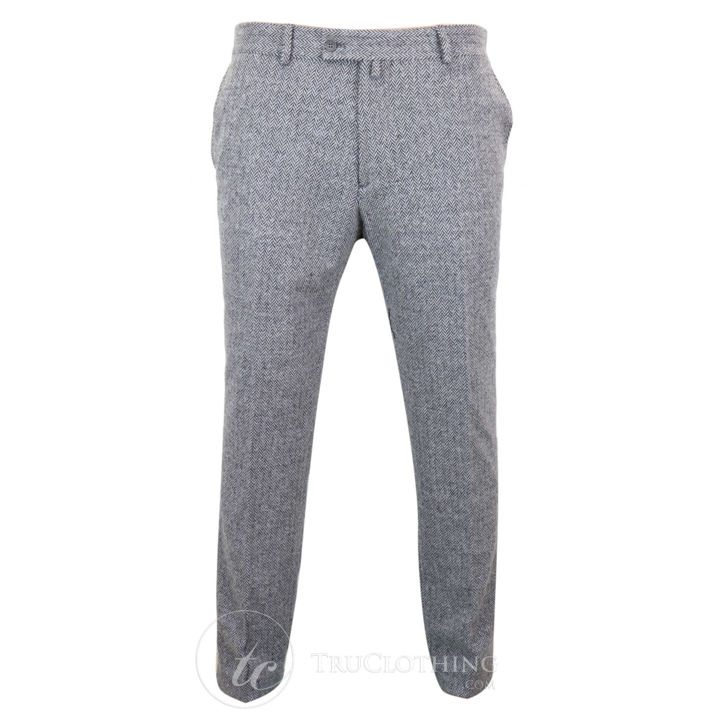 Mens Grey Charcoal Tweed Herringbone Wool Trousers - Grey: Buy Online ...