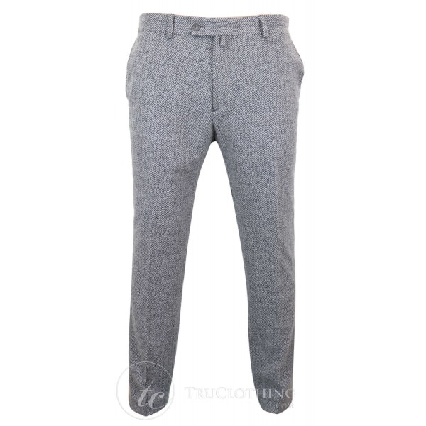 Mens Grey Charcoal Tweed Herringbone Wool Trousers - Grey