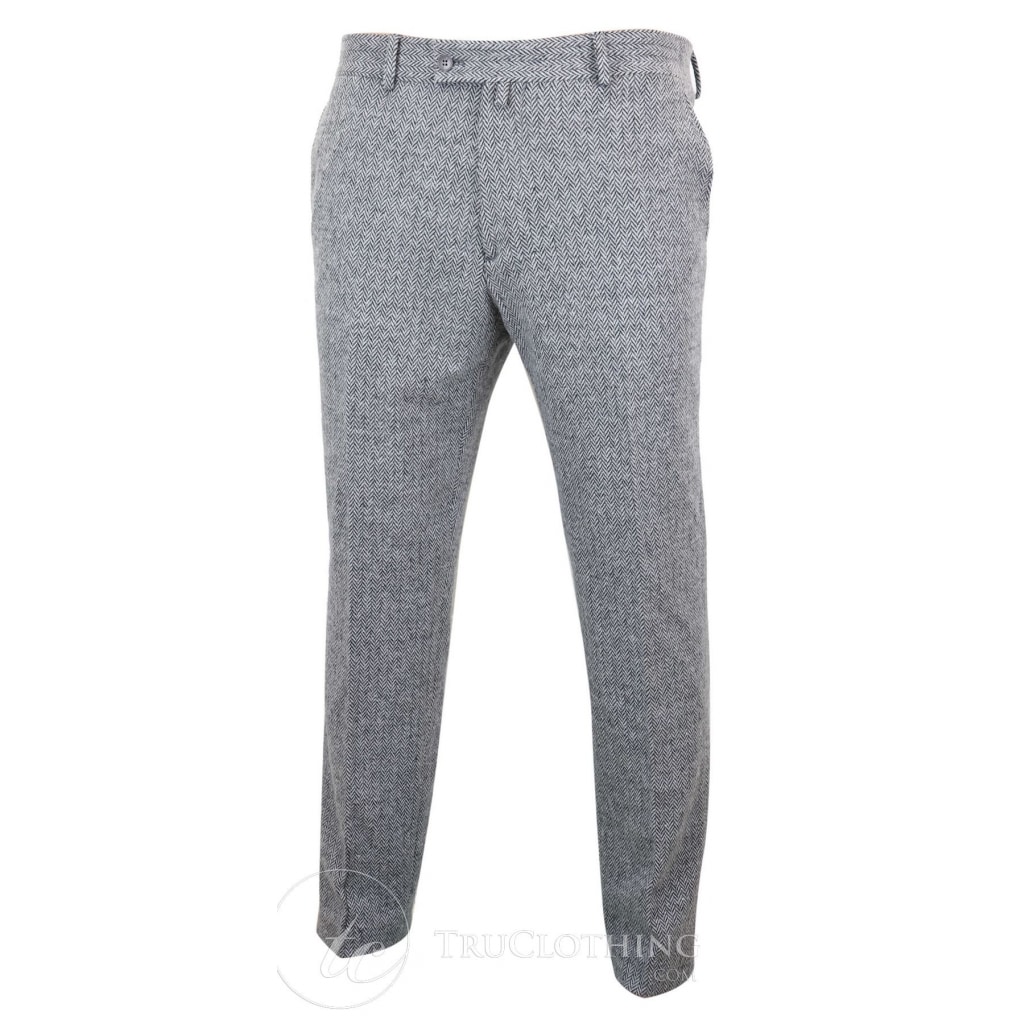 Mens Grey Charcoal Tweed Herringbone Wool Trousers - Grey: Buy Online ...