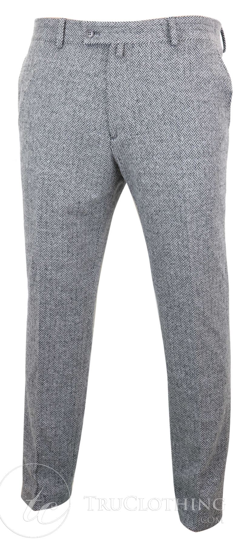 Mens Grey Charcoal Tweed Herringbone Wool Trousers - Grey: Buy Online ...