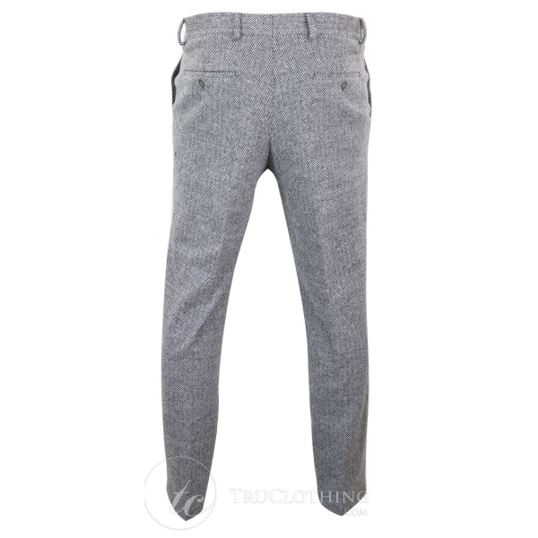 Mens Grey Charcoal Tweed Herringbone Wool Trousers - Grey
