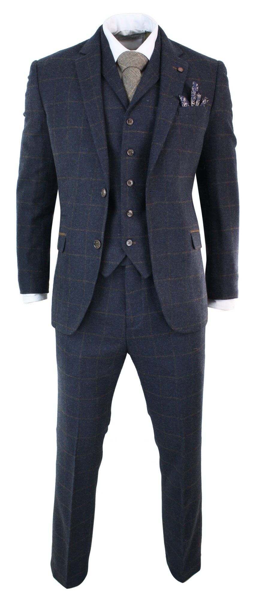 Mens Herringbone Tweed Check 3 Piece Wool Suit Peaky Blinders - Navy ...