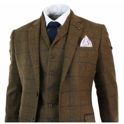 Mens Herringbone Tweed Check 3 Piece Wool Suit Peaky Blinders - Tan ...